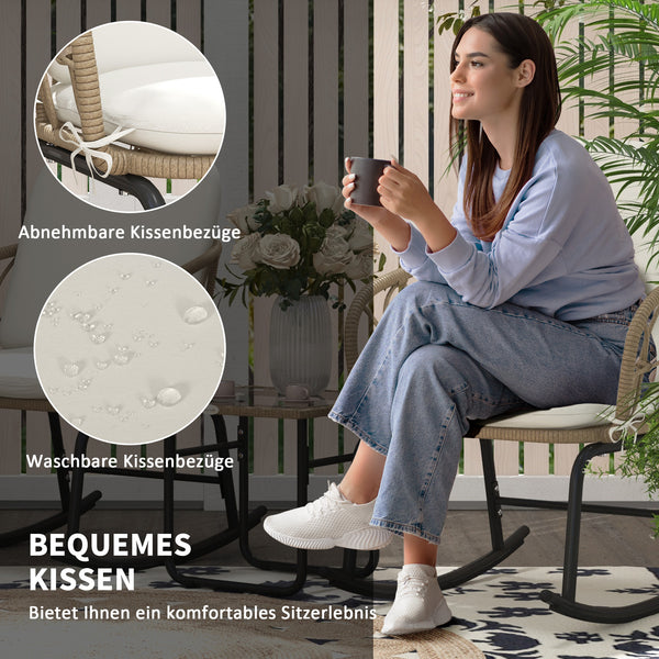 Schaukelstuhlset Rattan wetterfest Boho für Balkon Garten Creme