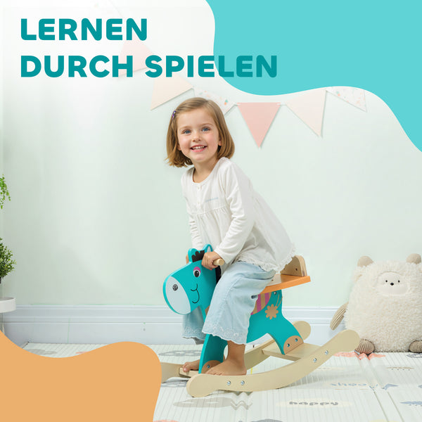 Schaukeltier Esel für Babys mit Haltegriffen blaugrün
