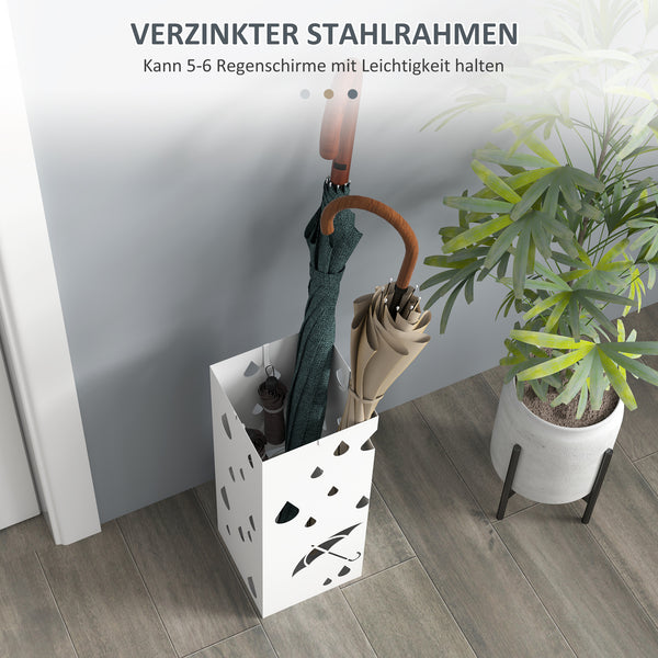 Schirmständer mit 4 Haken und Tropfschale aus Stahl weiss