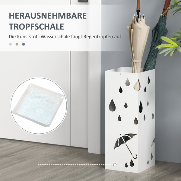 Schirmständer mit 4 Haken und Tropfschale aus Stahl weiss
