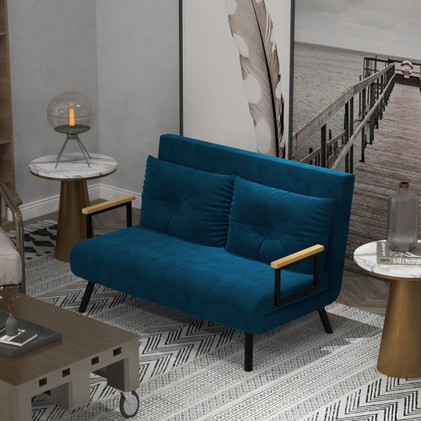 Schlafsofa 2-Sitzer Samt mit Kissen und Schlaffunktion blau
