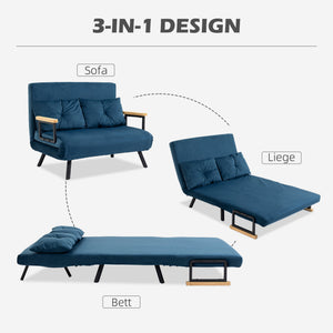 Schlafsofa 2-Sitzer Samt mit Kissen und Schlaffunktion blau