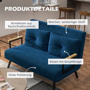 Schlafsofa 2-Sitzer Samt mit Kissen und Schlaffunktion blau
