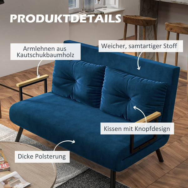 Schlafsofa 2-Sitzer Samt mit Kissen und Schlaffunktion blau