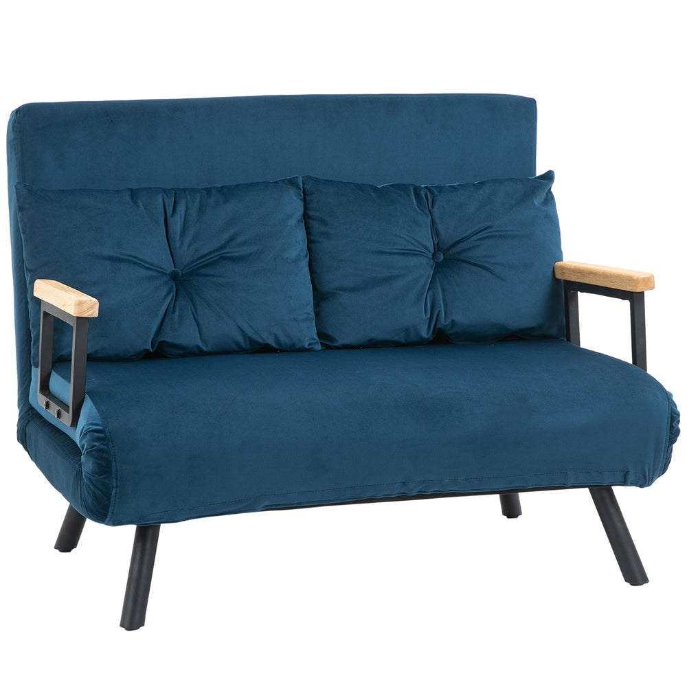 Schlafsofa 2-Sitzer Samt mit Kissen und Schlaffunktion blau