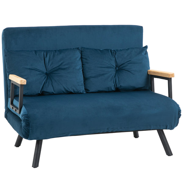 Schlafsofa 2-Sitzer Samt mit Kissen und Schlaffunktion blau