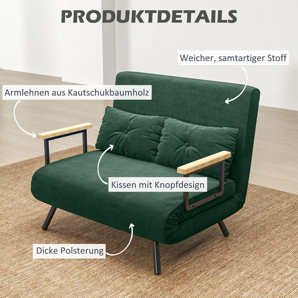 Schlafsofa 2-Sitzer Samt mit Schlaffunktion und Kissen grün