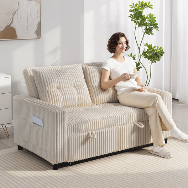 Schlafsofa 2-Sitzer mit Kissen und Seitentaschen Cordbezug cremeweiss