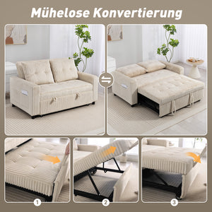 Schlafsofa 2-Sitzer mit Kissen und Seitentaschen Cordbezug cremeweiss