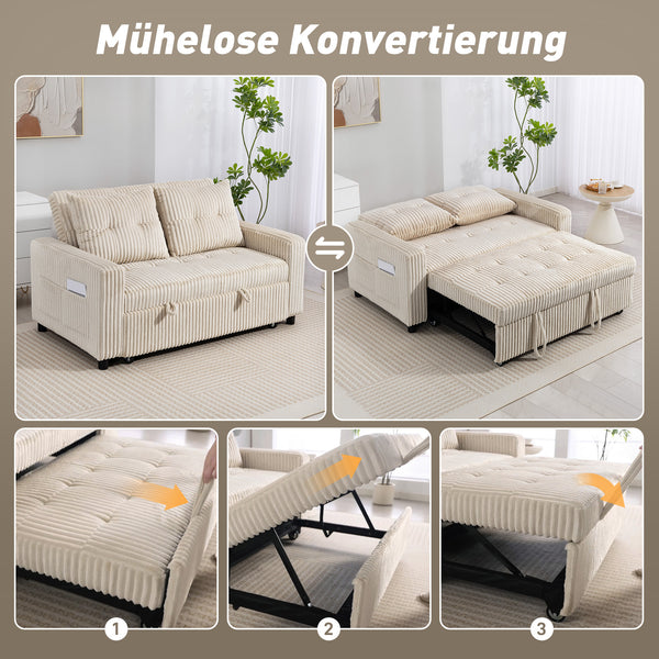 Schlafsofa 2-Sitzer mit Kissen und Seitentaschen Cordbezug cremeweiss