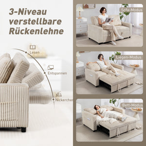 Schlafsofa 2-Sitzer mit Kissen und Seitentaschen Cordbezug cremeweiss