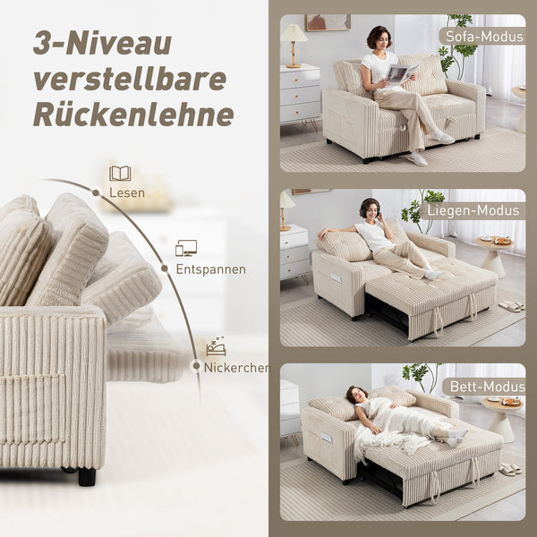 Schlafsofa 2-Sitzer mit Kissen und Seitentaschen Cordbezug cremeweiss
