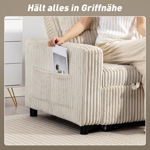 Schlafsofa 2-Sitzer mit Kissen und Seitentaschen Cordbezug cremeweiss