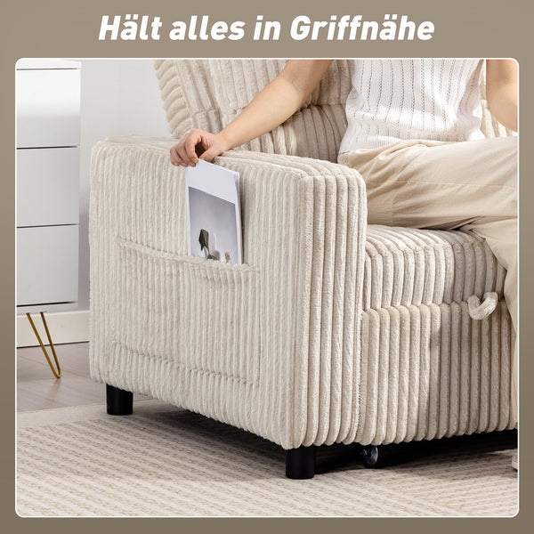 Schlafsofa 2-Sitzer mit Kissen und Seitentaschen Cordbezug cremeweiss
