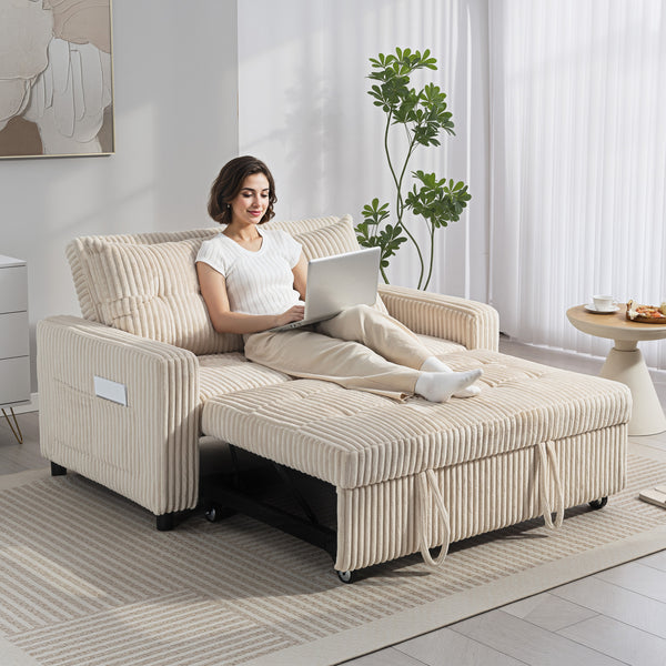 Schlafsofa 2-Sitzer mit Kissen und Seitentaschen Cordbezug cremeweiss