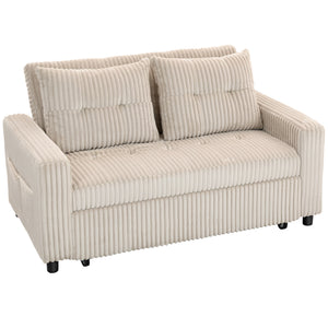 Schlafsofa 2-Sitzer mit Kissen und Seitentaschen Cordbezug cremeweiss