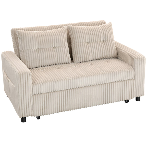 Schlafsofa 2-Sitzer mit Kissen und Seitentaschen Cordbezug cremeweiss