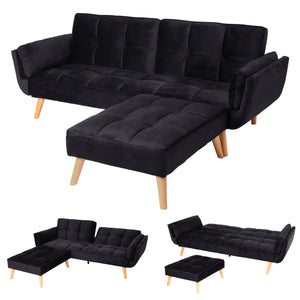 Schlafsofa mit Ottomane Couch Gästebett Schlaffunktion 218x175cm Samt schwarz