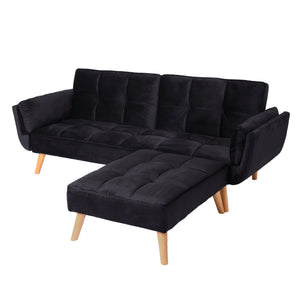 Schlafsofa mit Ottomane Couch Gästebett Schlaffunktion 218x175cm Samt schwarz