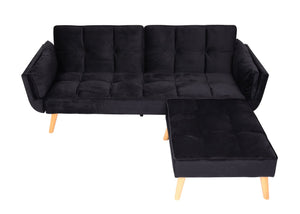 Schlafsofa mit Ottomane Couch Gästebett Schlaffunktion 218x175cm Samt schwarz