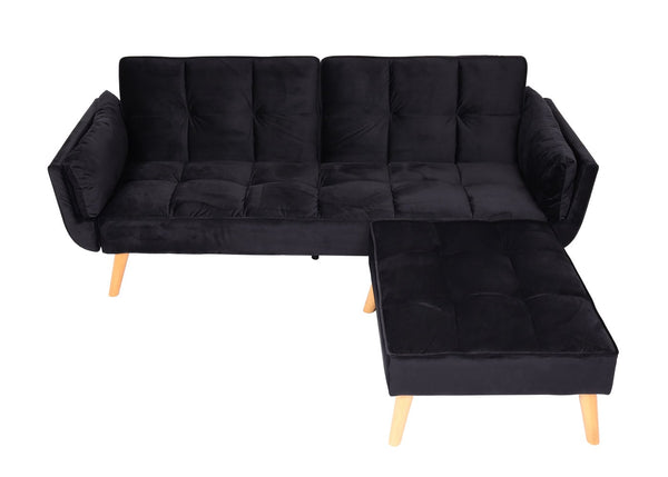 Schlafsofa mit Ottomane Couch Gästebett Schlaffunktion 218x175cm Samt schwarz