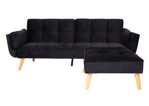 Schlafsofa mit Ottomane Couch Gästebett Schlaffunktion 218x175cm Samt schwarz