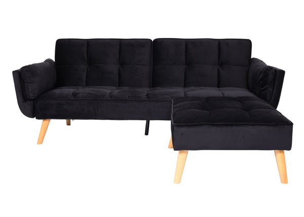 Schlafsofa mit Ottomane Couch Gästebett Schlaffunktion 218x175cm Samt schwarz