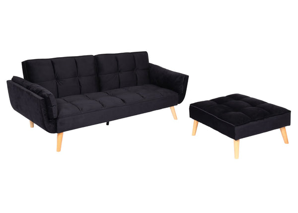 Schlafsofa mit Ottomane Couch Gästebett Schlaffunktion 218x175cm Samt schwarz