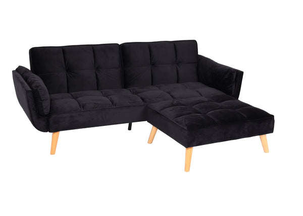 Schlafsofa mit Ottomane Couch Gästebett Schlaffunktion 218x175cm Samt schwarz