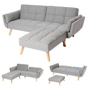 Schlafsofa mit Ottomane Couch Gästebett Schlaffunktion 218x175cm Stoff hellgrau