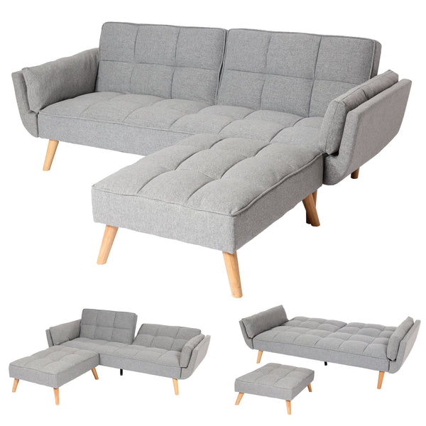 Schlafsofa mit Ottomane Couch Gästebett Schlaffunktion 218x175cm Stoff hellgrau