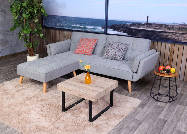 Schlafsofa mit Ottomane Couch Gästebett Schlaffunktion 218x175cm Stoff hellgrau