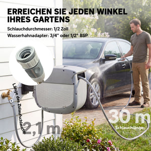 Schlauchtrommel schwenkbar mit 30m Gartenschlauch und Aufrollung