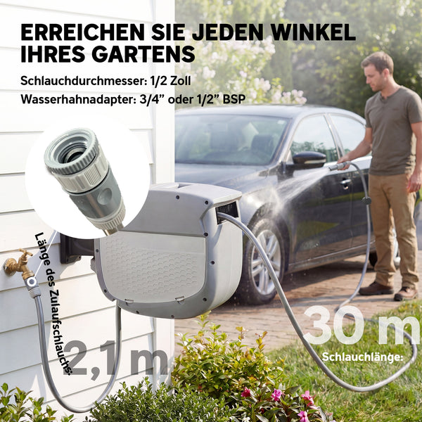 Schlauchtrommel schwenkbar mit 30m Gartenschlauch und Aufrollung