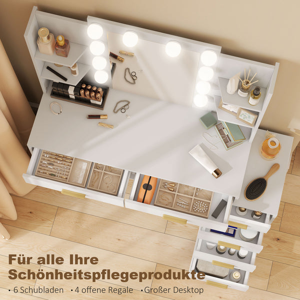Schminktisch mit beleuchtetem Spiegel und Hocker weiss