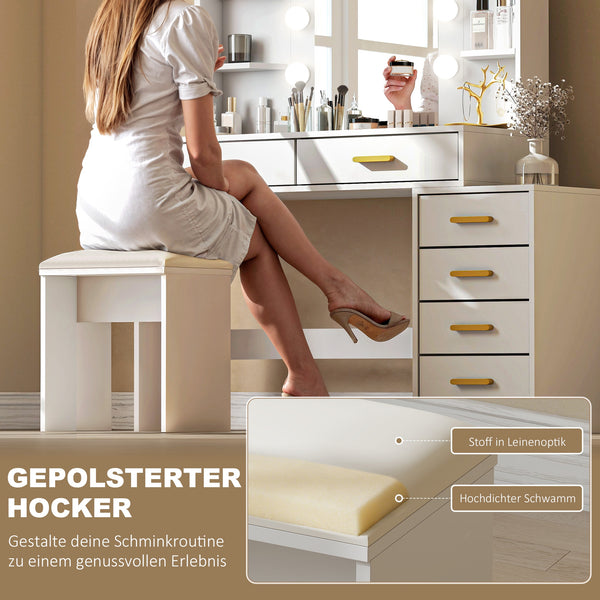 Schminktisch mit beleuchtetem Spiegel und Hocker weiss