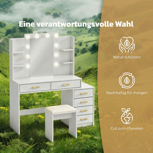 Schminktisch mit beleuchtetem Spiegel und Hocker weiss
