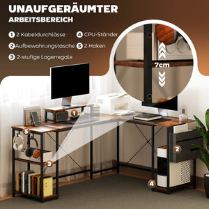 Schreibtisch L-förmig mit Regalen und Monitorständer braun