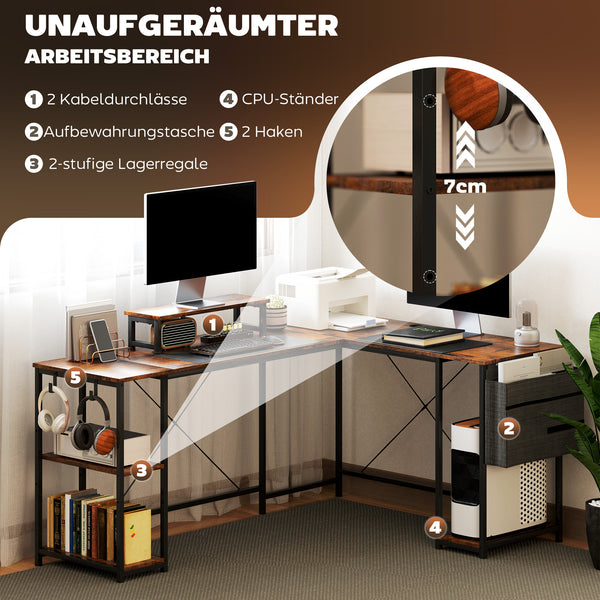 Schreibtisch L-förmig mit Regalen und Monitorständer braun
