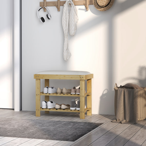 Schuhbank mit Sitzfläche und Stauraum für Flur Bambus cremeweiss