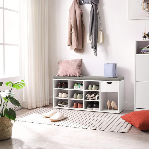 Banc à chaussures compartimenté, blanc et gris
