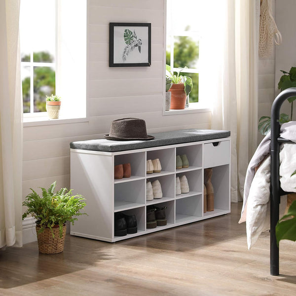 Banc à chaussures compartimenté, blanc et gris