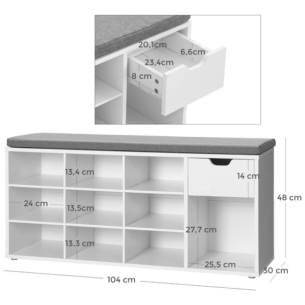 Banc à chaussures compartimenté, blanc et gris