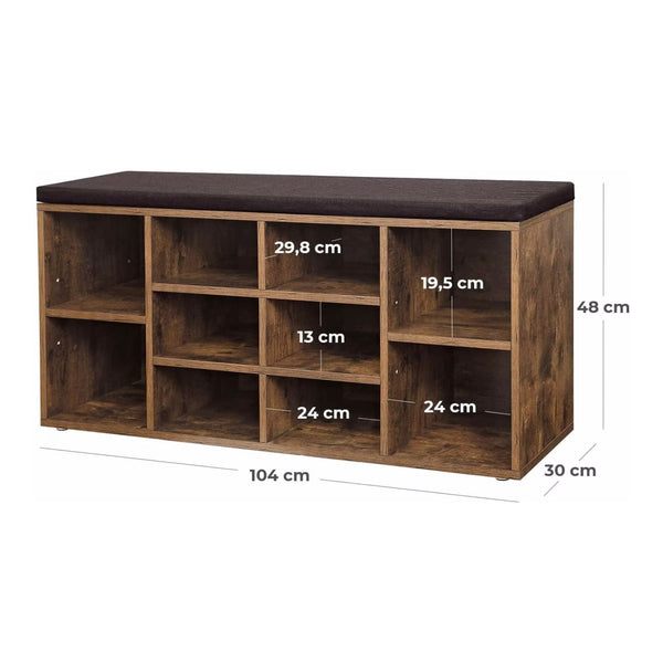 Banc à chaussures à 10 compartiments, marron