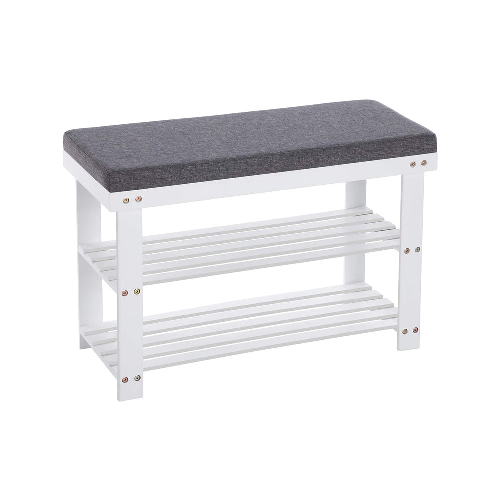 Panca portascarpe, panca a 2 ripiani, 150 kg, 71x29x49 cm, bambù, bianco/grigio
