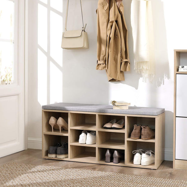 Banc à chaussures à 10 compartiments, couleur chêne
