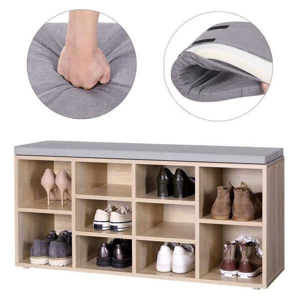 Banc à chaussures à 10 compartiments, couleur chêne