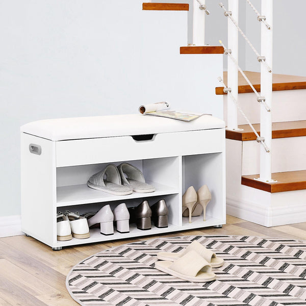 Shoe bench, seat bench with cushion, 2 shelves, white