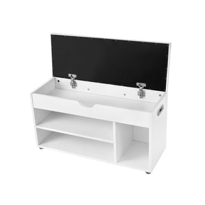 Shoe bench, seat bench with cushion, 2 shelves, white