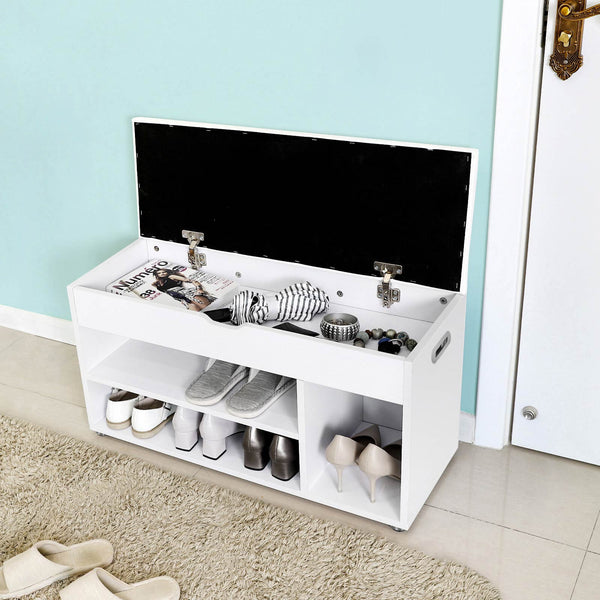 Shoe bench, seat bench with cushion, 2 shelves, white